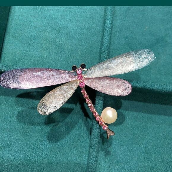Dragonfly Brooch Multicolor Rhinestones Faux Freshwater Pearl Gift Nature Pretty - Picture 3 of 8